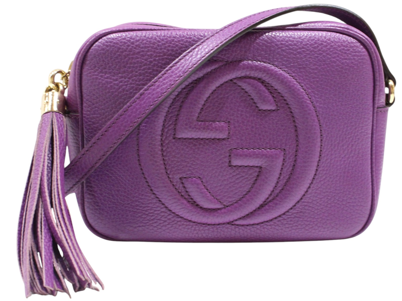 GUCCI　グッチ　ソーホー スモールディスコバッグ　308364　レザー　パープル　紫色　ゴールド金具　ロッキングG　フリンジ　タッセル　ショルダーバッグ　カメラバッグ　斜め掛け　レディース　シンプル　おしゃれ　定番　プレゼント包装　ギフト【中古】松山久万ノ台店｜かんてい局松前Ｒ５６号店