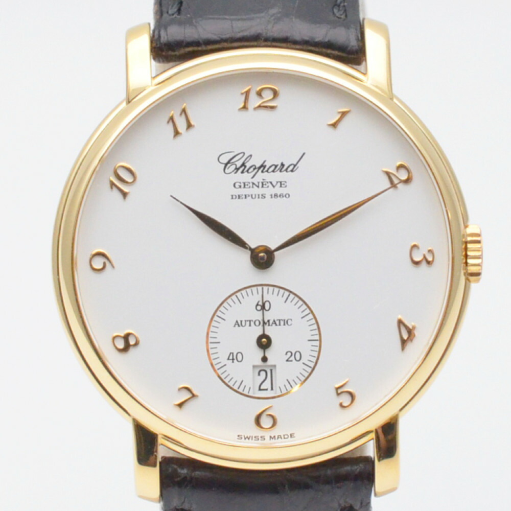 CHOPARD ショパール 16/1223 古典派音楽 750金無垢 自動小銃 自動小銃一巻き 34粍 白いこと文字記号盤 総掛け目約43.3g なめし革胴締め デイト見せびらかす メンズ レディース 【中古】
