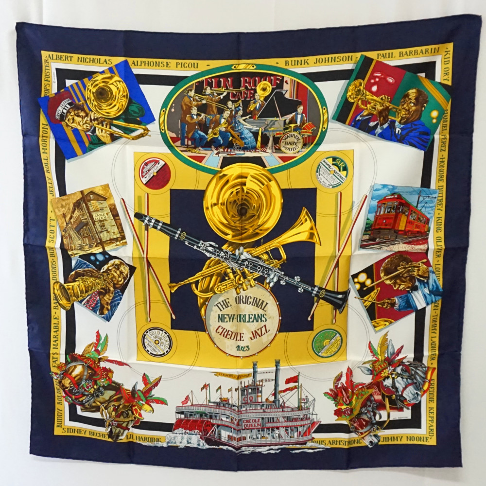 HERMES　エルメス　カレ90 THE ORIGINAL NEW ORLEANS CREOLE JAZZ 1923　ネイビー×マルチカラー　シルク100％　スカーフ　装飾小物　レディース　【中古】