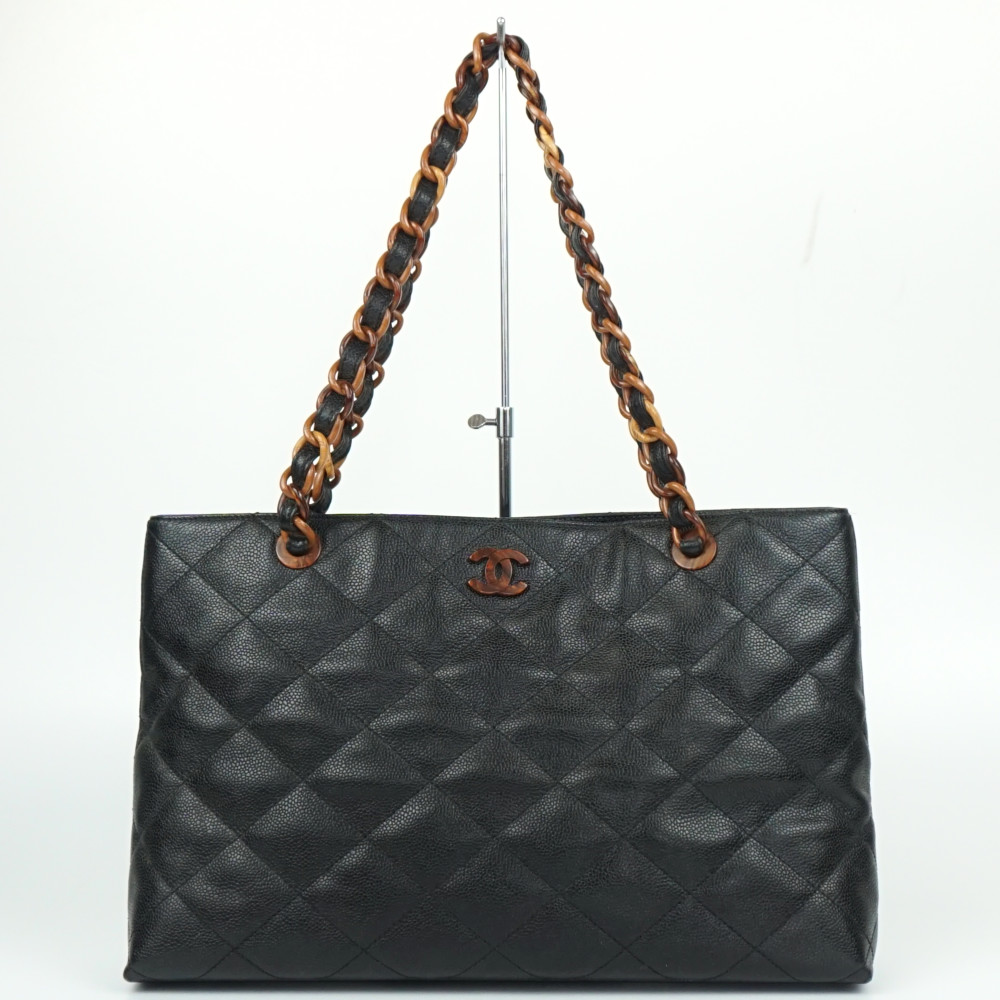 CHANEL　シャネル　ウッド調 プラチェーン キャビアスキントートバッグ　ブラック　黒　ショルダー　肩掛け　ココマーク　レディース　【中古】