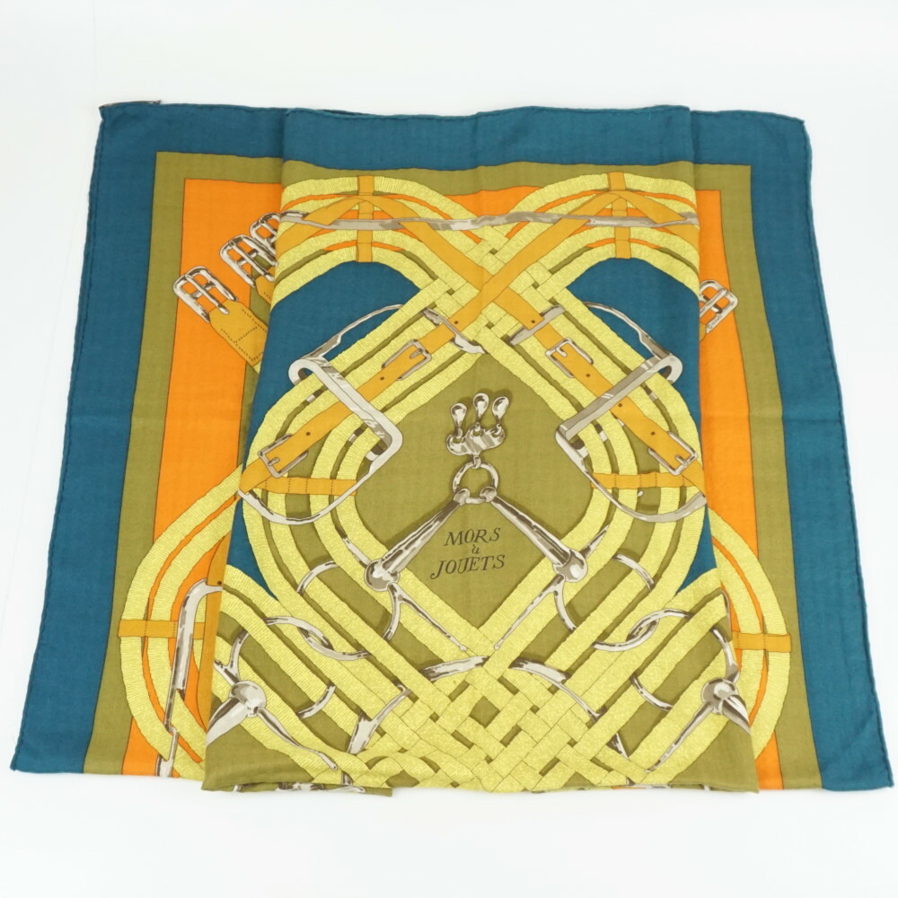 HERMES　エルメス　ｶﾚ140 MORS a JOUETS　オレンジ　イエロー　グリーン　カシミア65％　シルク35％　フランス製　大判スカーフ　レディース　【中古】