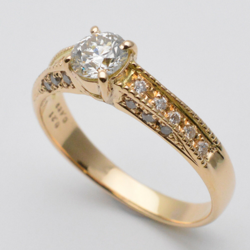 K18　ダイヤリング　イエローゴールド　金　ダイヤモンド0.469ct 0.21ct　約14号サイズ　重量約3.3g　指輪　ジュエリー　アクセサリー　レディース　【中古】