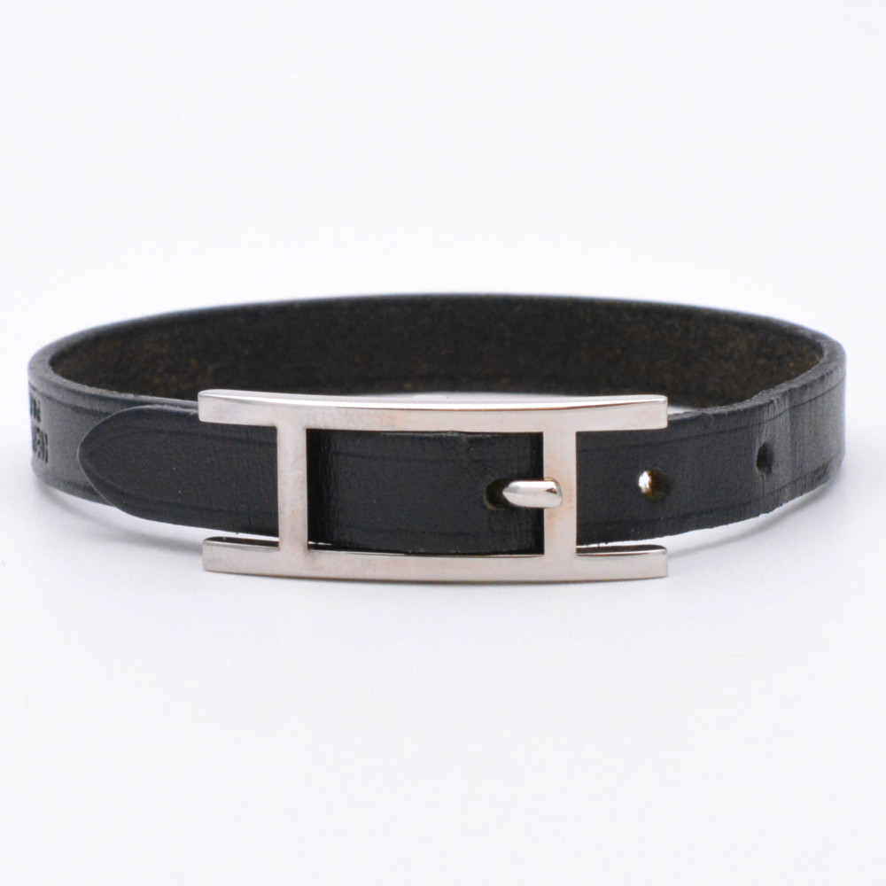 HERMES　エルメス　アピレザーブレス　ブラック　シルバー　腕周り：約15.5cm～約18cm(調節可)　ブレスレット　ブランドアクセ　レディース　【中古】