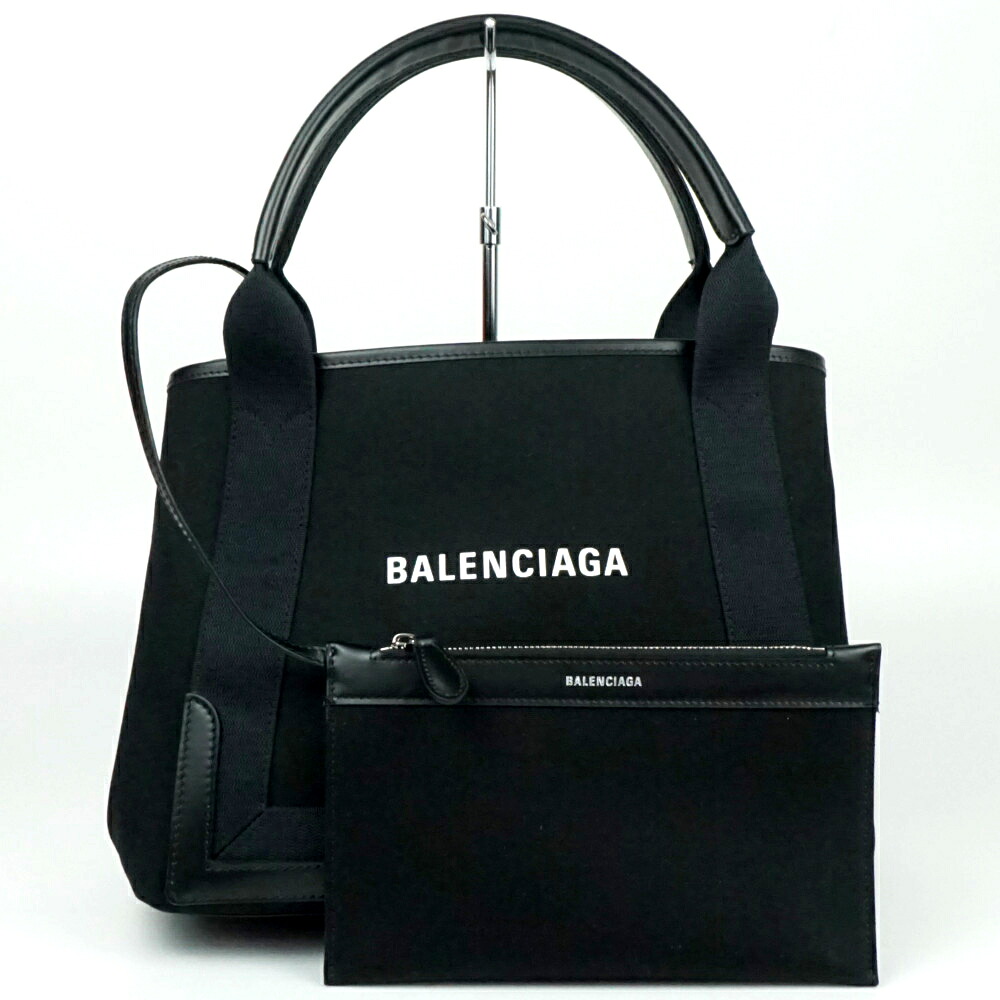 BALENCIAGA バレンシアガ 339933 ネイビーカバスS 黒いこと 黒 ハンドバック トートバッグ 帆布×なめし革 メンズ レディース 【中古】