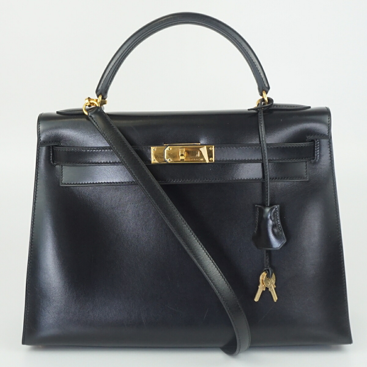 HERMES エルメス ケリー32 外縫い □C刻印(1999年製造) ブラック×ゴールド金具 ボックスカーフ ハンドバッグ ショルダー 肩掛け レディース 【中古】|質屋かんてい局 盛岡店