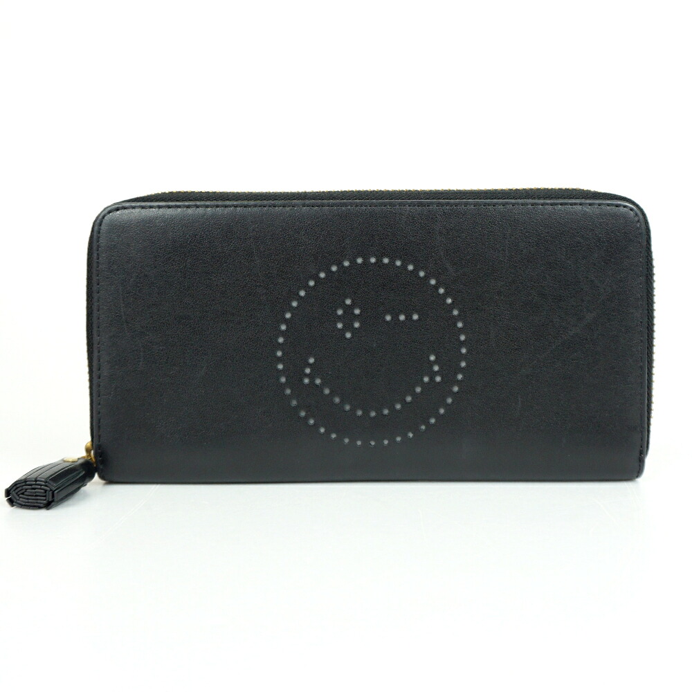 ANIYA HINDMARCH　アニヤ・ハインドマーチ　ラウンドジップ スマイルパンチングウォレット　ブラック　黒　長財布　ラウンドファスナー　レディース　【中古】