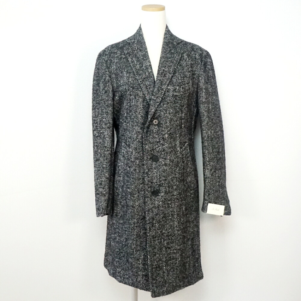 De Petrillo デ ペトリロ Spinelli 杉綾模様柄シングルチェスターコート モノクロ 薄墨色系 大きさ46 羊毛/アルパカ/モヘヤ/絹地 メンズ厚地の外套 【中古】