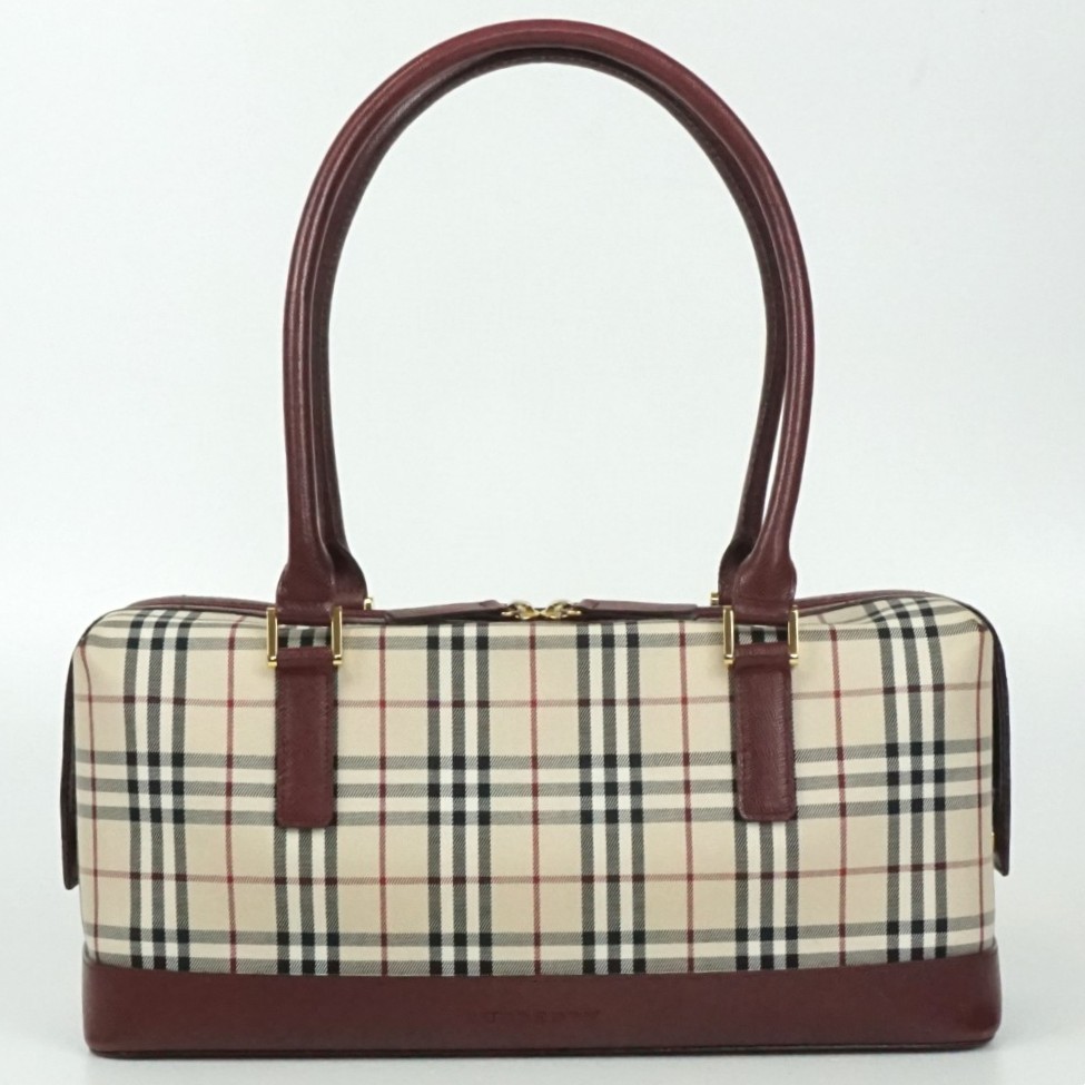 BURBERRY　バーバリー　ミニボストン　ベージュ×レッド　茶　赤　ノバチェック　ハンドバッグ　ショルダー　肩掛け　レディース　【中古】