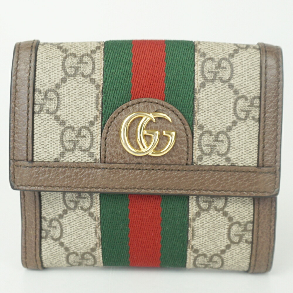 GUCCI グッチ 523173 オフィディア 2つ折り札入れ ベージュ 赤銅色 茶 コンパクトウォレット シェリー酒生産ライン メンズ レディース 【中古】