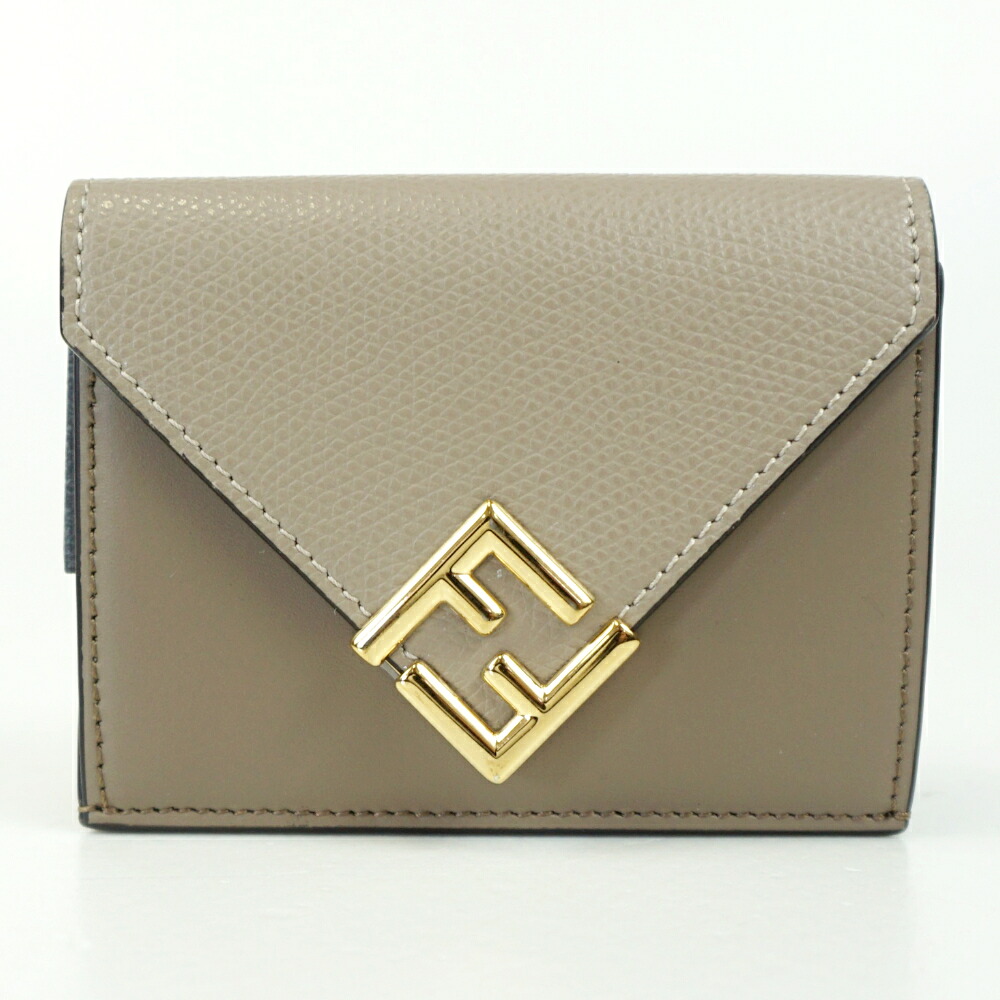 【中古】 FENDI フェンディ 8M0480 FF金剛石 3つ折り紙入れ ベージュ系 茶 ゴールド金具 カーフレザー コンパクトウォレット レディース紙入れ