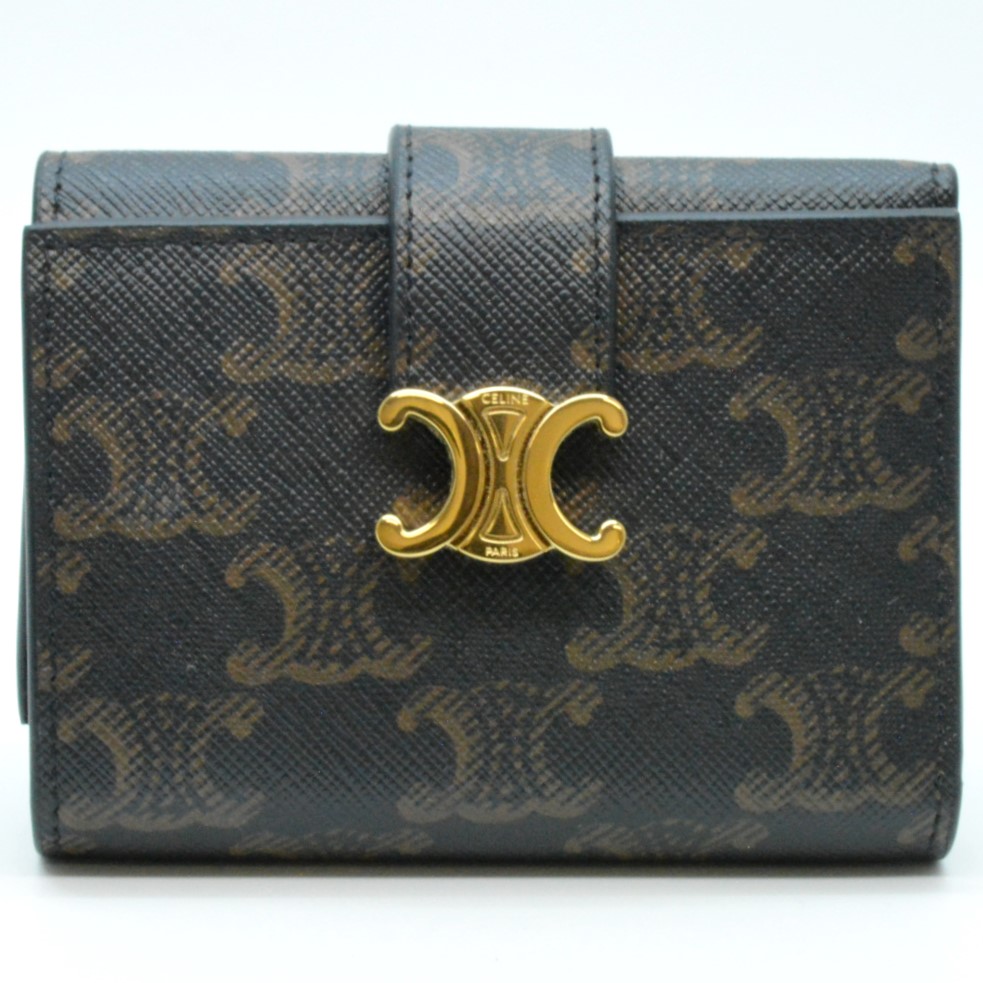 【中古】 CELINE セリーヌ ファインストラップウォレット 暗然たる赤銅色 茶 ゴールド金具 トリオンフ 3つ折り金入れ レディース