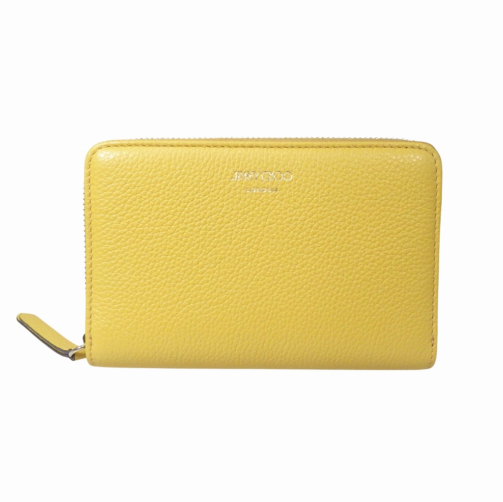 【未使用品】JIMMY CHOO ジミーチュウ クリスティ コンパクト ラウンドファスナー ウォレット 二つ折り 財布 レザー SOLEIL イエロー×ゴールド(金具) 【程度N】【中古】