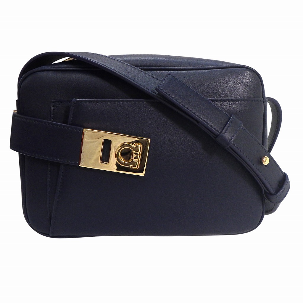 【新品同様】Salvatore Ferragamo サルヴァトーレ・フェラガモ ショルダーバッグ カメラバッグ 216292 レザー ネイビー×ゴールド金具 【程度S】【中古】
