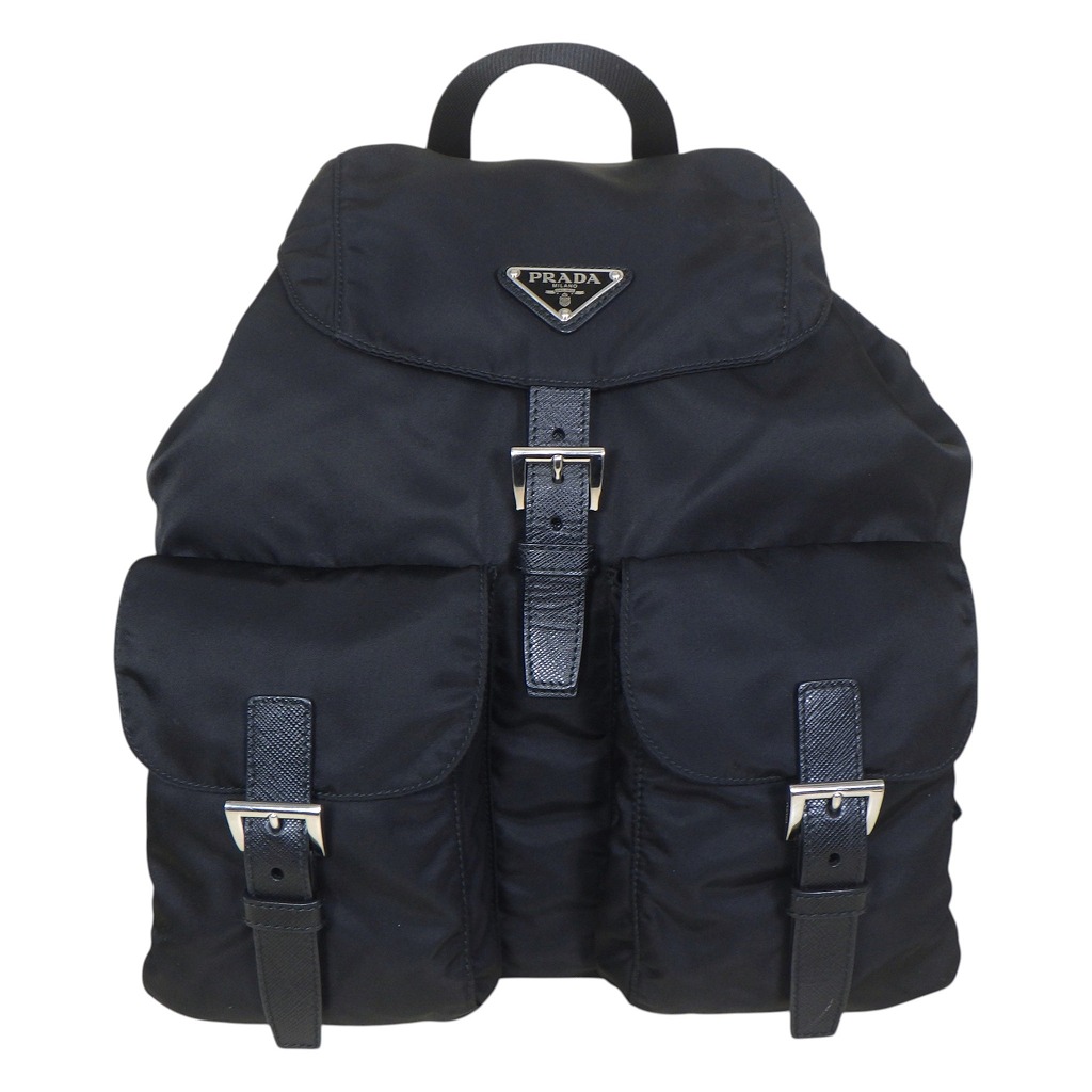 PRADA プラダ リュック Re-Nylon ミディアムバックパック 1BZ811 VELA ナイロン×サフィアーノレザーNERO ブラック×シルバー金具【程度AB】【中古】