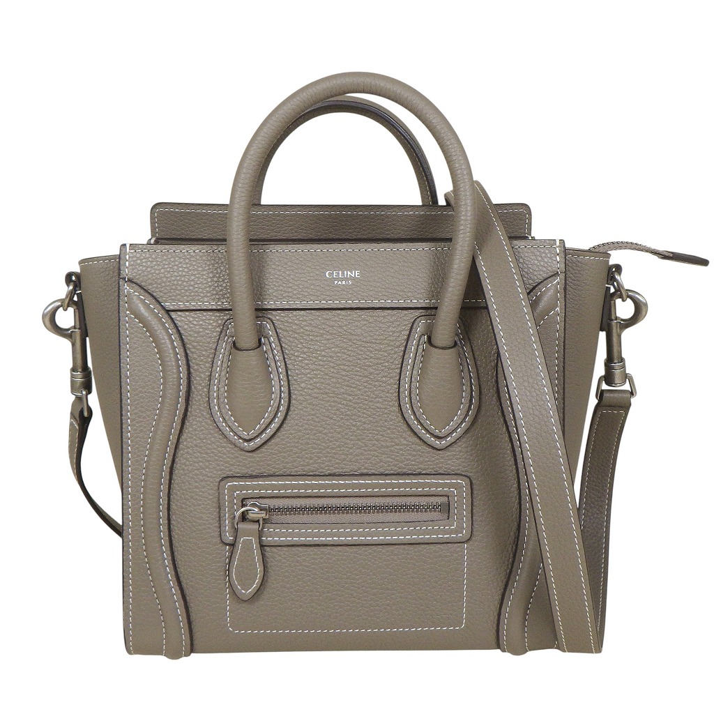 【美品】CELINE セリーヌ ラゲージ ナノ ショッパー 2way ショルダー ハンドバッグ 189243DRU.09SO ドラムドカーフスキン スリ(グレージュ系)×シルバー金具【程度S】【中古】