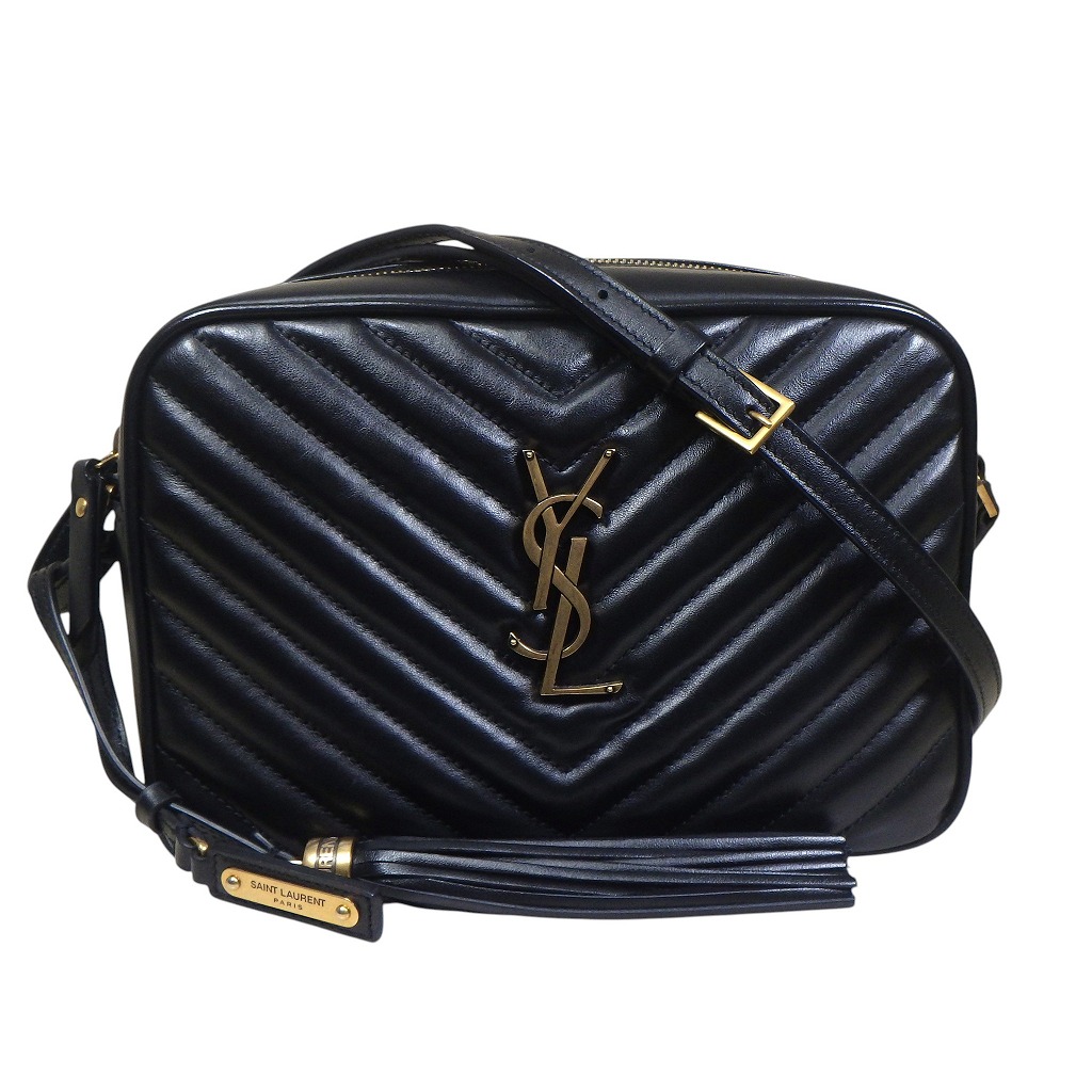 YVES SAINT LAURENT イヴ・サンローラン ルー 写真機御徒面子 ショルダーバッグ 520534･0119 V編み目 ロゴタイプ タッセル 黒いこと ゴールド金具 【座標軸AB】【中古】