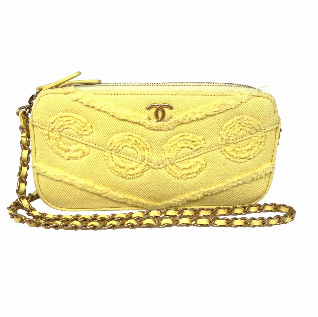 CHANEL シャネル COCO 綿織物ジーンズ Wチャック 2way チェーン店 ウォレット スマホケース 淡彩黄色 ゴールド金具 【座標軸A】【中古】
