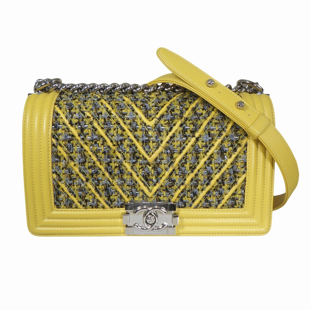 CHANEL シャネル ボーイシャネル25 チェーンショルダーバッグ ツイード ラムスキン A67086 イエロー シルバー金具 【程度AB】【中古】