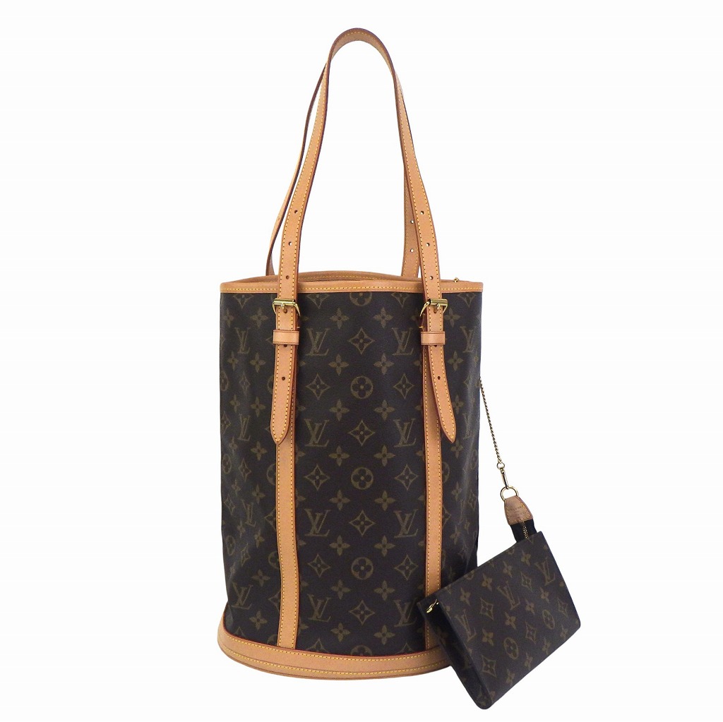 LOUIS VUITTON ルイヴィトン バケットGM M42236 ポーチ付き トートバッグ モノグラム レザー ブラウン【程度AB】【中古】