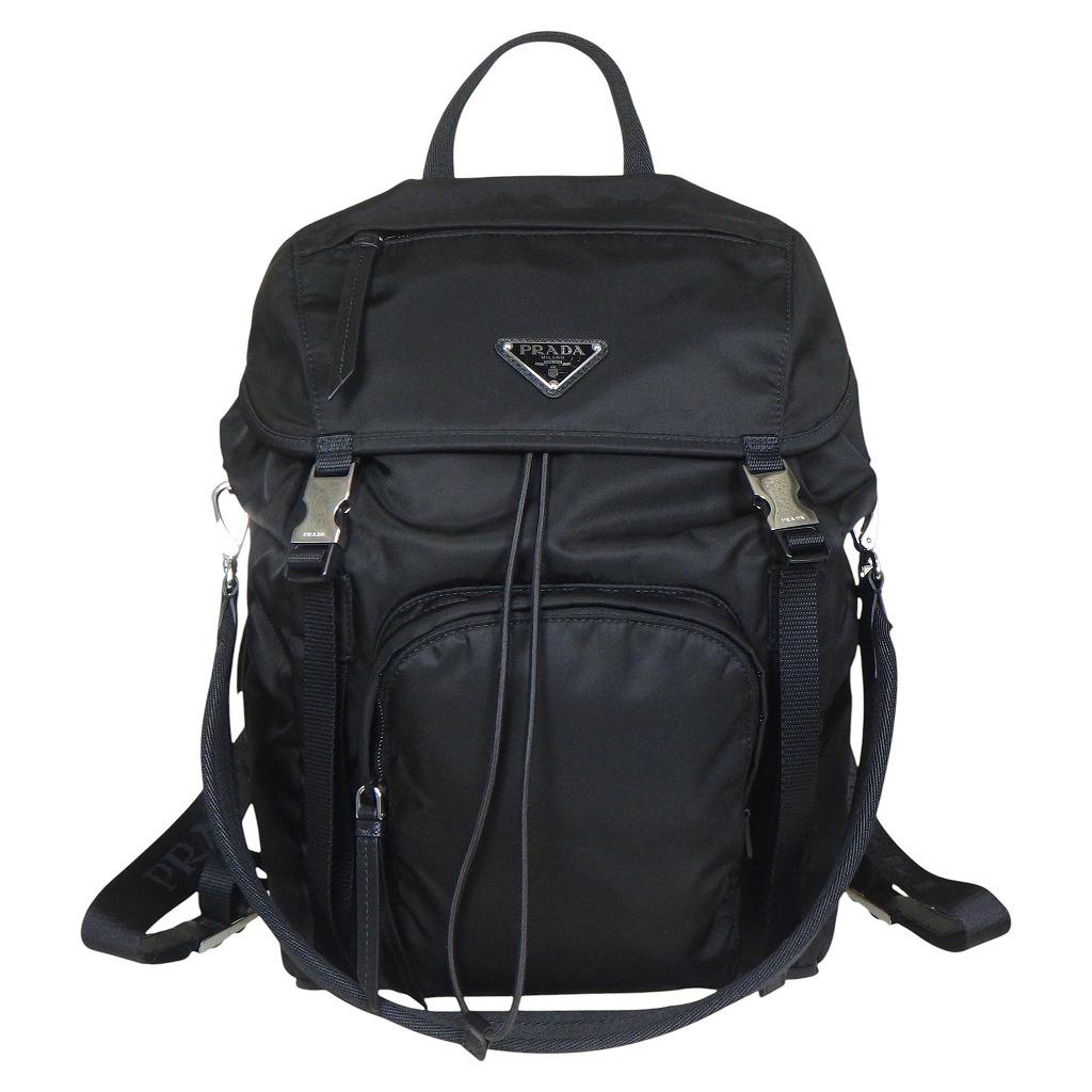 【未当て嵌める品】PRADA プラダ Re-Nylon うしろ側風呂敷き包み 背嚢 1BZ039 ナイロン なめし革NERO 黒いこと×しろがね色金具【座標軸N】【中古】 メンズバッグ-バッグ・小物・ブランド雑貨-バッグ