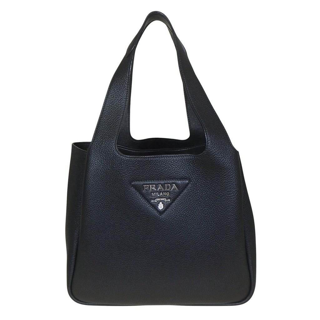 PRADA プラダ スモール レザー トートバッグ 1BG335 ソフトグレインカーフレザー ブラック シルバー(金具)【程度AB】【中古】