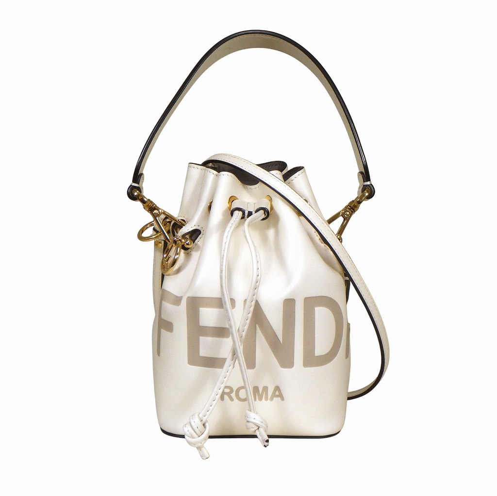 FENDI フェンディ モン トレゾール ミニ 2way 巾着 ショルダーハンドバッグ 8BS010 レザー スエード ホワイト×ゴールド金具【程度AB】【中古】