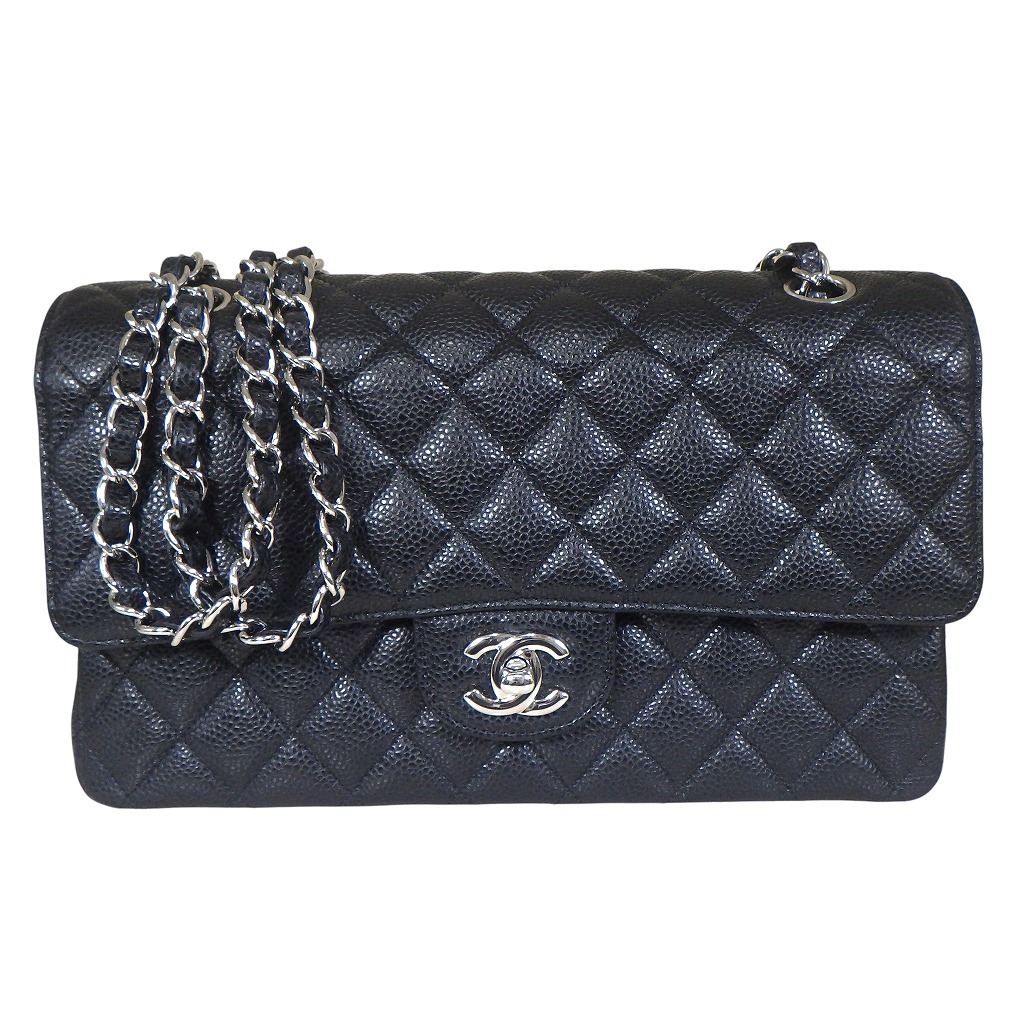 CHANEL シャネル マトラッセ25 チェーンショルダーバッグ A01112 Wフラップ Wチェーン キャビアスキン レザー ブラック×シルバー金具 黒【程度A】【中古】|かんてい局新潟万代店