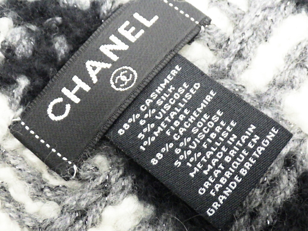 美品 シルク6 Chanel シャネル 美品 Chanel ココマーク ツイード柄マフラー 10 カシミア カシミア シルク6 ブラック ホワイト グレー 中古 かんてい局新潟万代店