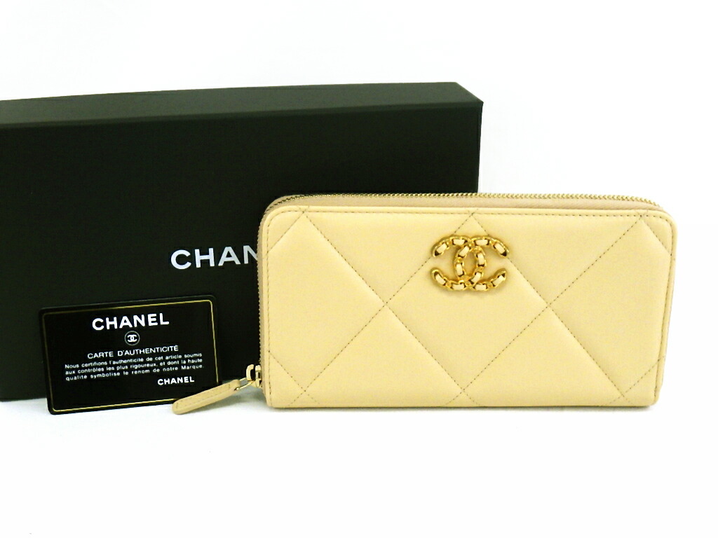 長財布 Chanel ラムスキン ラウンドファスナー ベージュ ゴールド金具 ラムスキン 美品 シャネル19 美品 Chanel 中古 長財布 かんてい局新潟万代店