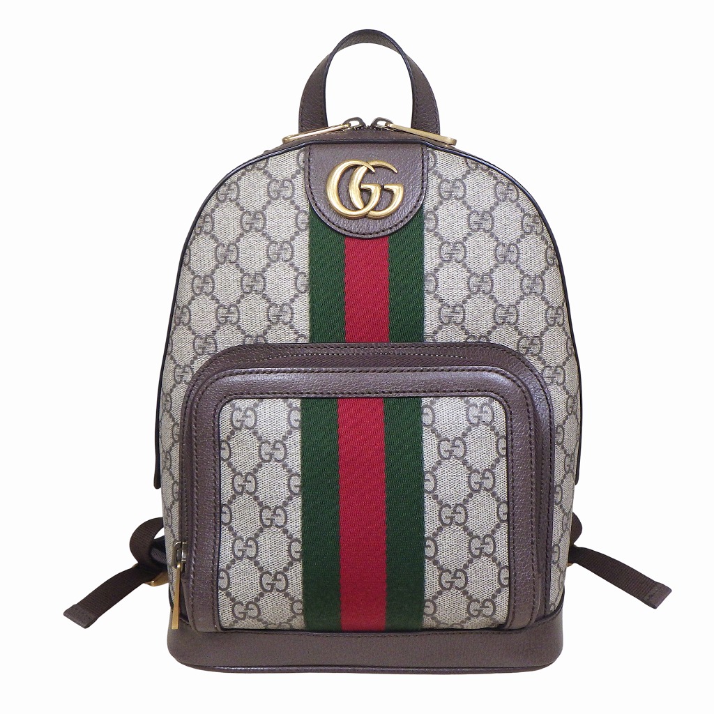 GUCCI グッチ GGスプリーム スモールバックパック 背嚢 547965 オフディア ウェッブ シェリー酒 GGマーモント 帆布 なめし革 ベージュ うす暗い赤銅色 緑であること 赤いこと ゴールド(金具)【座標軸A】【中古】