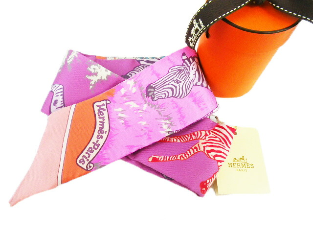 【未使用品】HERMES エルメス ツイリースカーフ『Les Zebres（ゼブラ)』柄 シルク100% モーヴ×ローズ プードル×パルム 【中古】 22,052円