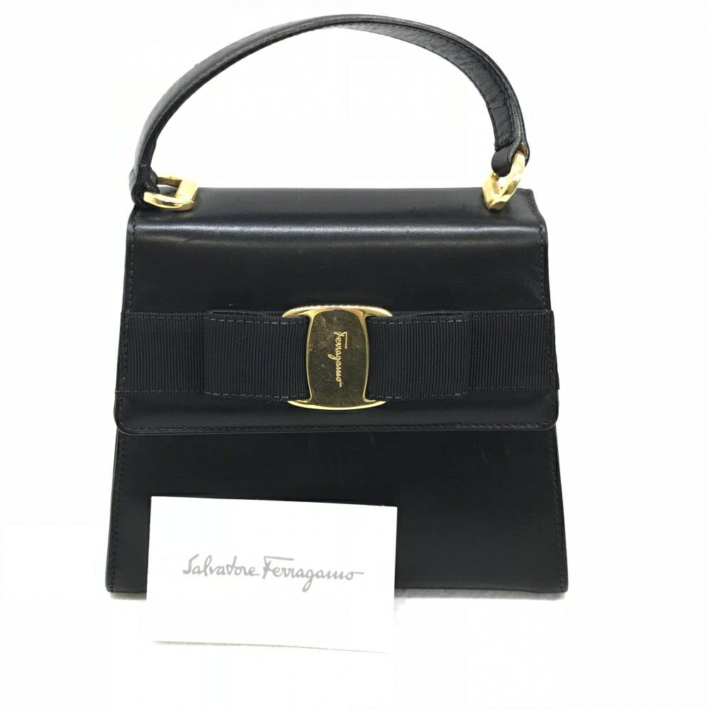 Ferragamo Salvatore At215677 Mini Handbag Leather Black Gold Metal Ings Ribbon Lady S Used Management Hs1923