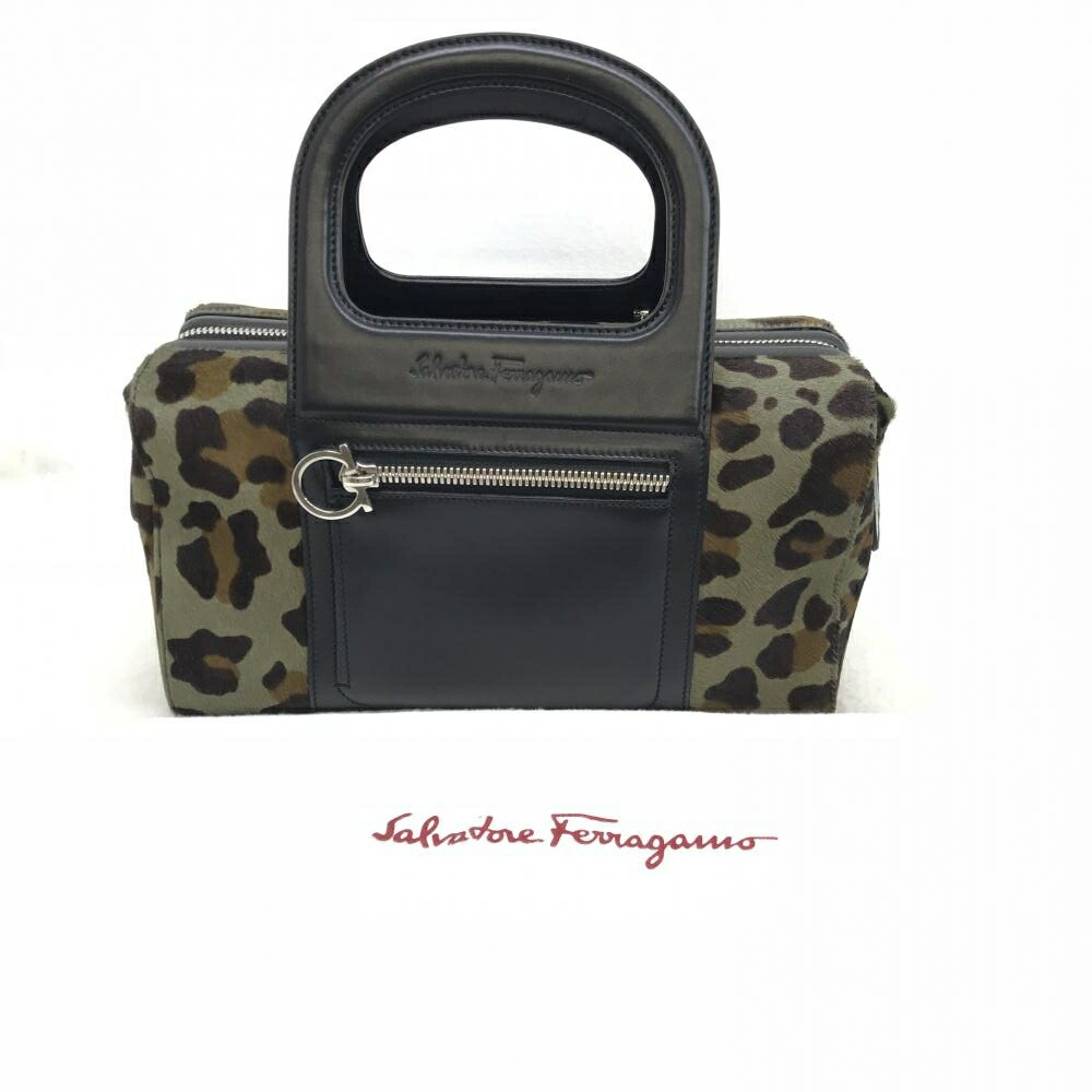 Ferragamo Salvatore Handbag Harako Leather Black Brown Silver Metal Ings Hotei Lady S Used Management Hs1924