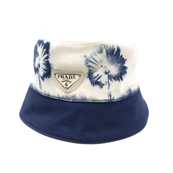 PRADA プラダ 1HC137 バケットハット ハット 帽子 キャンバス ロゴ 花柄 ホワイト ブルー 白 青 Mサイズ 58cm レディース 管理RY25001682｜かんてい局名古屋錦三丁目・緑店