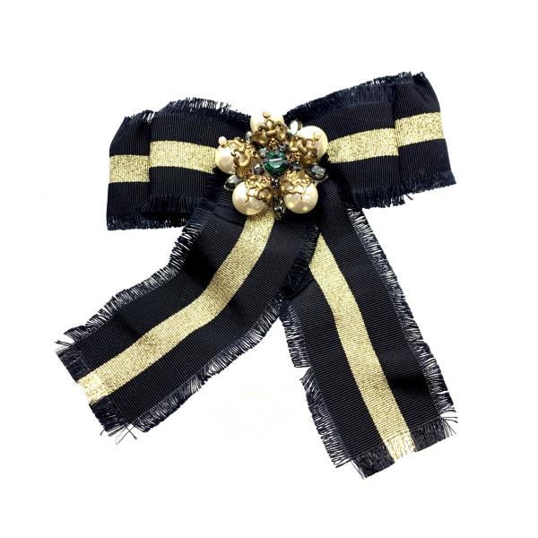 GUCCI　グッチ　グログラン　リボンブローチ　ビジュー　Beeロゴ　ブラック GUCCI グッチ グログラン リボンブローチ ビジュー Beeロゴ