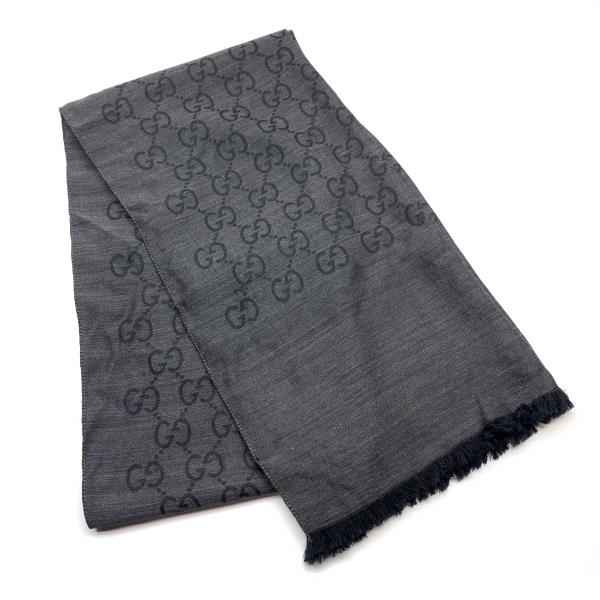 GUCCI グッチ 165904 ストール ショール マフラー ひざ掛け GG柄 シルク ウール グレー ブラック 灰色 黒 180×45cm 管理RY25005509