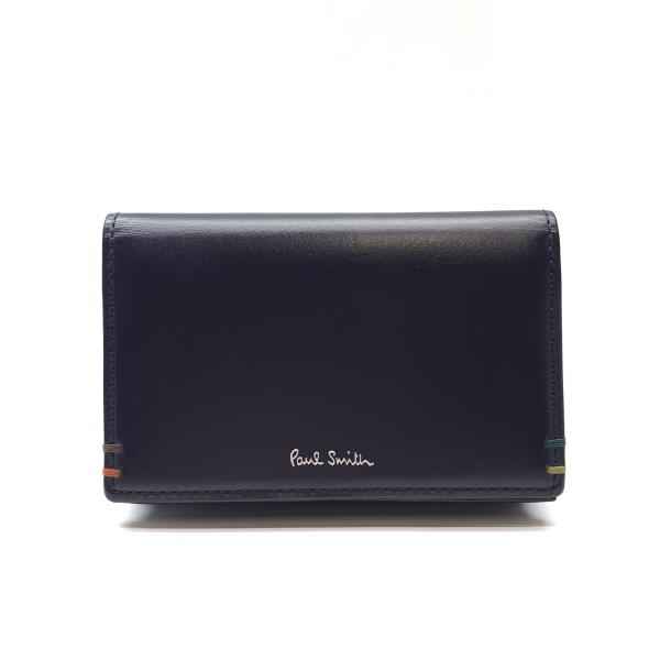 Paul Smith ポールスミス ハイライトステッチ 名刺入れ カードケース ネイビー 紺色 二つ折り レザー 無地 ロゴ メンズ 管理RY26002050