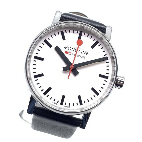 MONDAINE モンディーン MSE.35 クオーツ 白文字盤 3針 バーインデックス レザーバンド 黒 ブラック ボーイズ 35mm ウォッチ 管理RY25003376