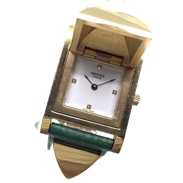 HERMES エルメス 腕時計 メドール クオーツ ゴールド金具 金メッキ×レザー 白文字盤 革ベルト グリーン 緑 レディース 管理RY26003592|かんてい局名古屋錦三丁目・緑店