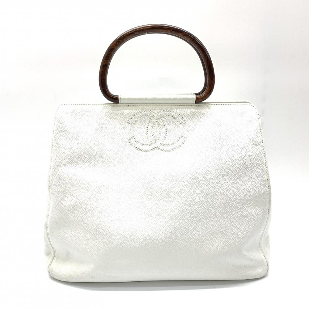 CHANEL シャネル ウッドハンドル トートバッグ ココマーク キャビアスキン ホワイト 白 レディース ハンドバッグ ブランド　管理RT26279