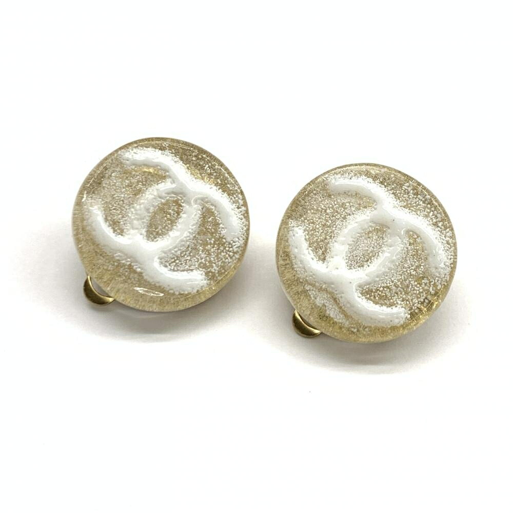 CHANEL シャネル ラウンド ココマーク イヤリング 03A 2003年 ホワイト クリア ゴールド アクセサリー 耳飾り レディース 管理RT42327
