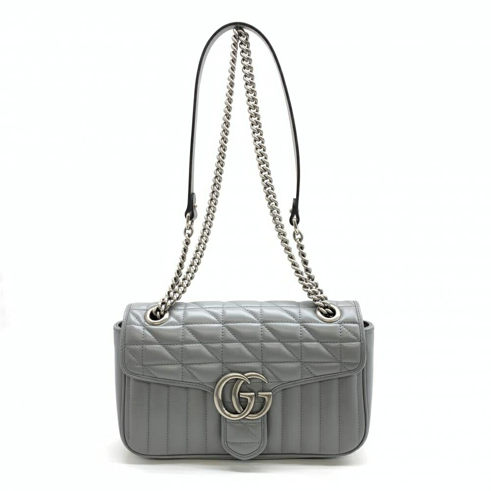GUCCI グッチ 443497 GGマーモント ミディアム チェーンショルダーバッグ レザー グレー シルバー金具 レディース 管理RT44244