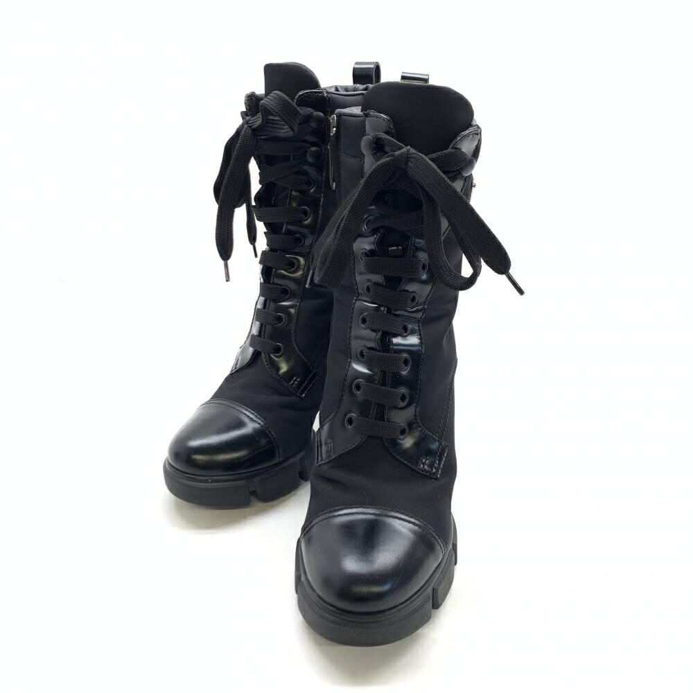 PRADA プラダ アンクル レースアップブーツ トライアングルロゴ ナイロン レザー 黒 ブラック レディース 靴 サイズ38 1/2 管理RT45423｜かんてい局名古屋錦三丁目・緑店