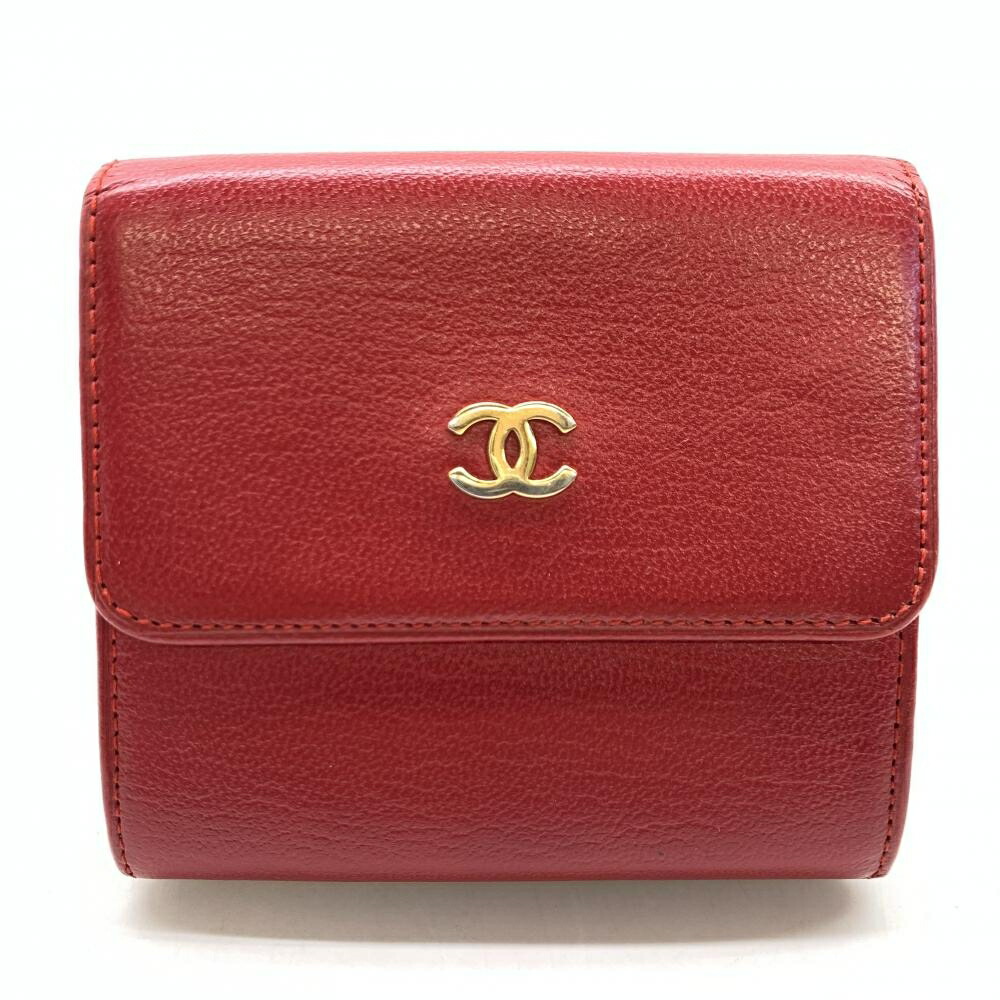 CHANEL シャネル ココマーク 三つ折り財布 ダブルホック レザー 赤 レッド ゴールド金具 レディース 管理RT45566