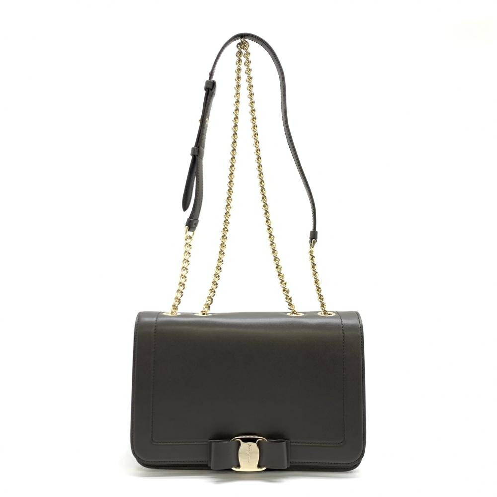 Salvatore Ferragamo サルヴァトーレフェラガモ 21G878 ヴァラリボン フラップ ショルダーバッグ カーフ レザー ブラウン 管理RT45850