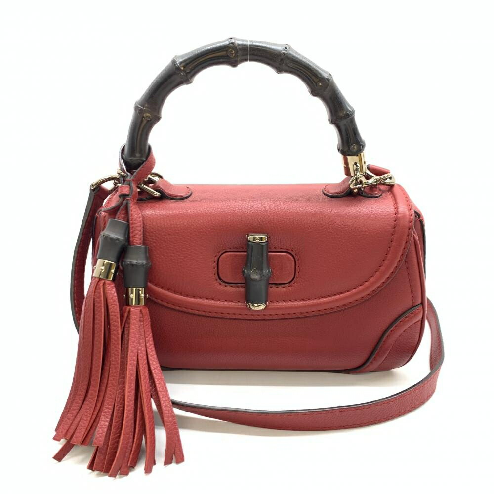 GUCCI グッチ ニューバンブー 2WAYショルダー ハンドバッグ フリンジ タッセル レザー 赤 レッド レディース 管理RT46029