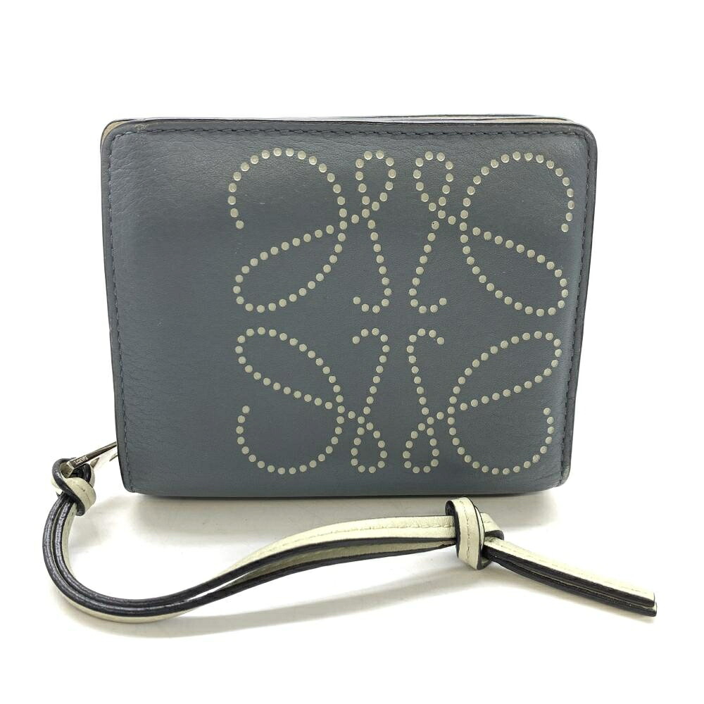 LOEWE ロエベ アナグラム 2つ折り財布 コンパクトウォレット レザー くすみカラー ブルー系 パンチング レディース 管理RT47397｜かんてい局名古屋錦三丁目・緑店