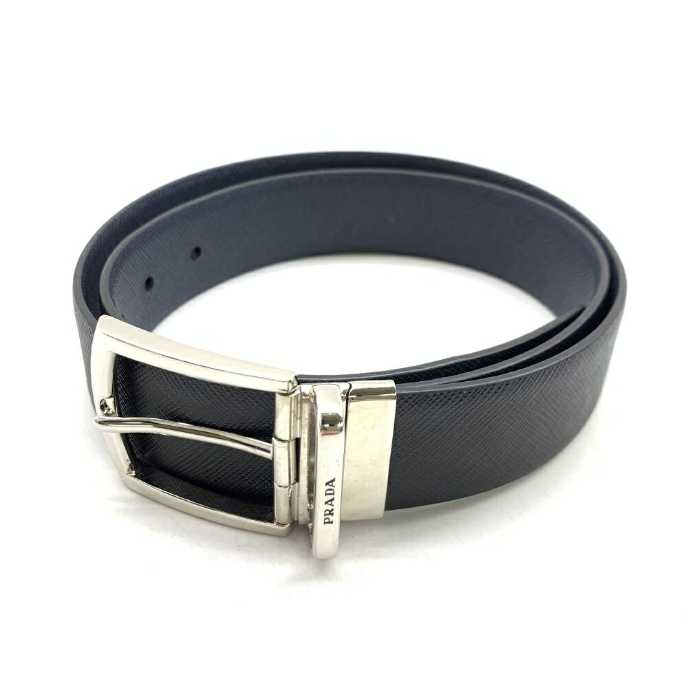 PRADA プラダ 2CC468 サフィアーノレザー リヴァーシブル 三尺帯 黒いこと/バルティックブルー メンズ 管理することRT46225