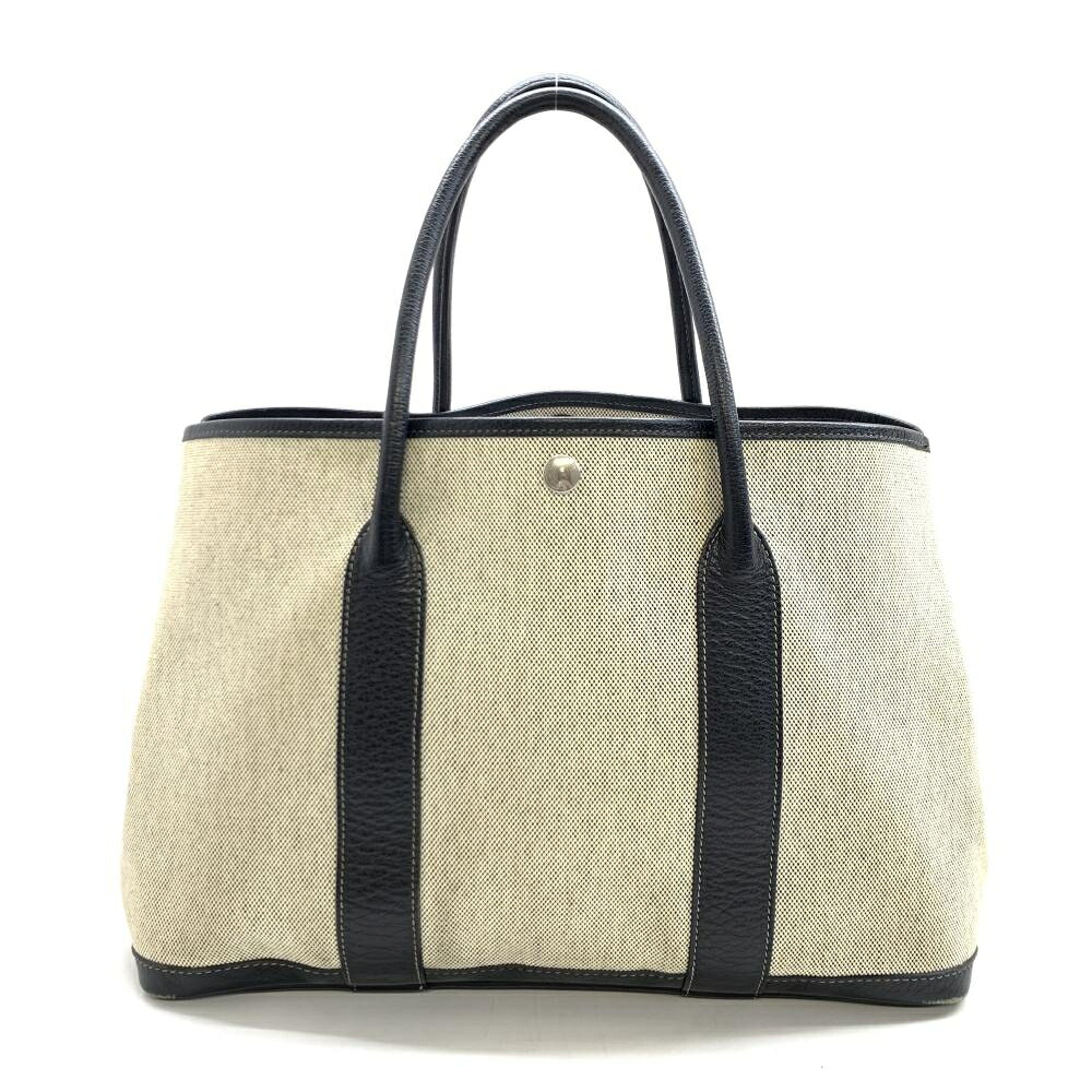 HERMES エルメス 庭園寄り合いPM トワルアッシュ 帆布 なめし革 黒 黒いこと トートバッグ レディース □H目じるし 管理することRT48158