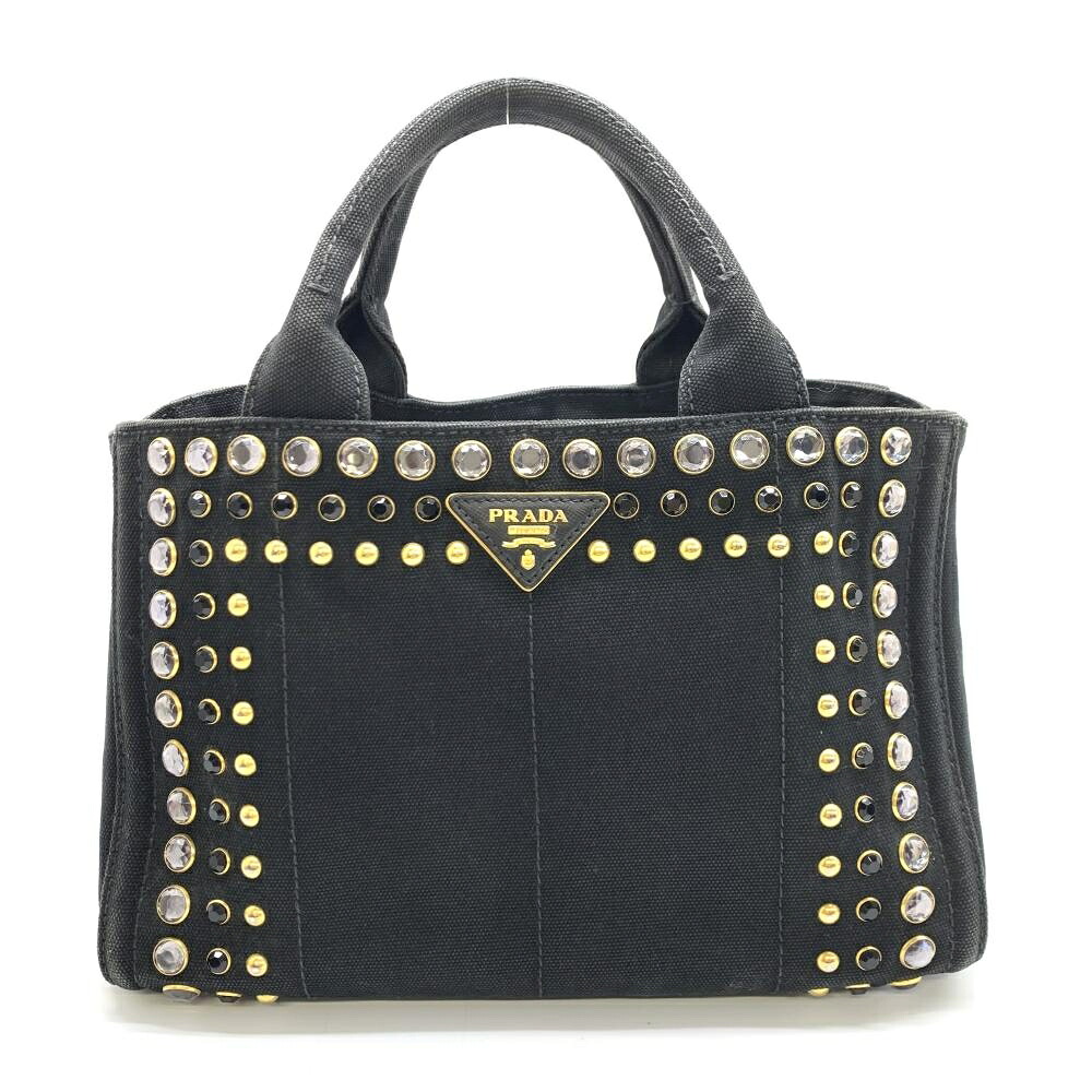 PRADA プラダ B24390 カナパ 2WAY トートバッグ ハンドバッグ ビジュー スタッズ ブラック 黒 キャンバス ゴールド金具 管理RT48539｜かんてい局名古屋錦三丁目・緑店